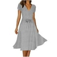 thumbnail image 1 of VSSSJ Womens Summer Polka Dot Printed Dresses Casual Short Sleeve V Neck Tie Waist Slim A Line Beach Party Flowy Long Midi Dress, 1 of 8