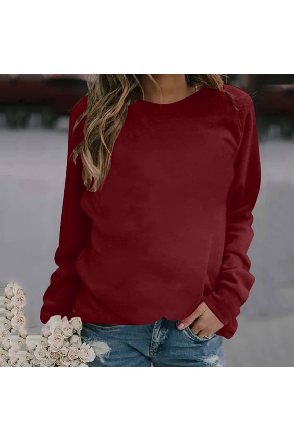 Womens Sweatshirt Casual Crewneck Solid Color Basic Fall Tee Shirt Long Sleeve Loose Comfy Pullover Lightweight Sweatshirt Wine M