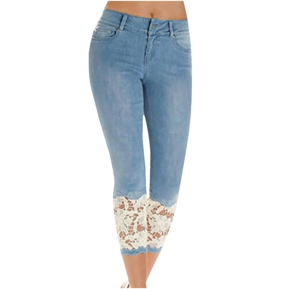 VSSSJ Womens Thin Seven Point Denim Pants Plus Size Hollow Lace Button Elastic Waist Washed Jean Trendy Versatile Breathable Skinny Pants Blue XXXXL