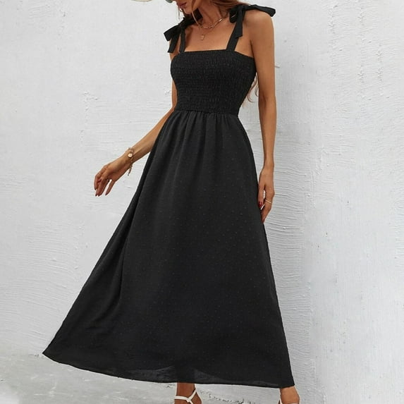 VSSSJ Womens Tie Strap Sleeveless Maxi Casual Dresses Smocked Summer Square Neck High Waist Solid Print Vacation Flowy Long Dress Black L