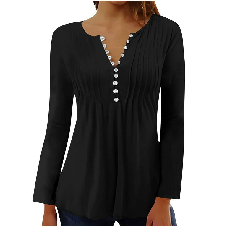 VSSSJ Womens Tops Dressy Casual Hide Belly Button Up Long Sleeve Shirts Comfy Loose Solid Color Pleated Tunic Blouses for Leggings Black M Walmart