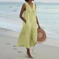 thumbnail image 1 of VSSSJ Womens V Neck Button Down Casual Summer Sleeveless Midi Dresses Cotton Linen Loose Pocket Solid Color Ruffle Beach Sundress Green M, 1 of 4