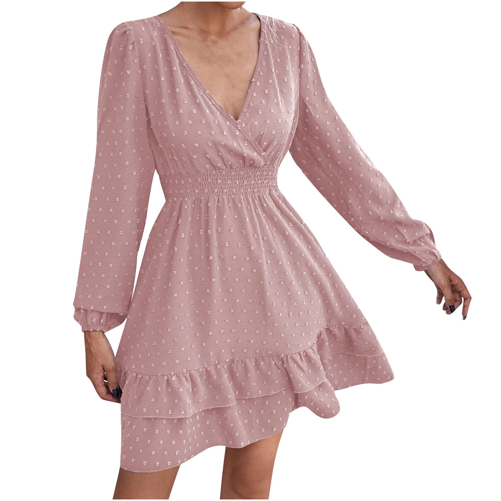 pink frilly dress womens Pink Ruffled Surplice Neck Short Bubble Sleeve Tie Waist Tiered Dress *FINAL SALE*