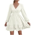 thumbnail image 1 of VSSSJ Womens V Neck Long Sleeve Swiss Dot Ruffle Elegant A-Line Dresses High Waist Solid Color Casual Swing Layered Mini Dress White S, 1 of 8