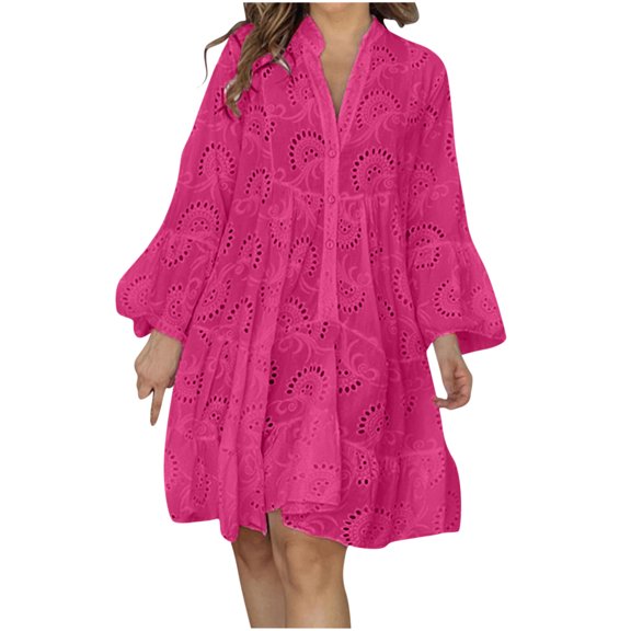 VSSSJ Womens V Neck Solid Color Embroidery Eyelet Loose Dresses Lantern Long Sleeve Buttons Lace Stitching Swing Ruffle Tiered Dress Hot Pink XL