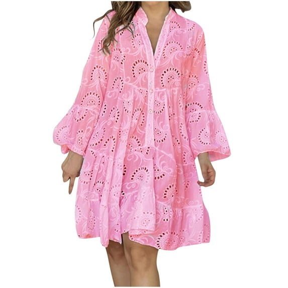 VSSSJ Womens V Neck Solid Color Embroidery Eyelet Loose Dresses Lantern Long Sleeve Buttons Lace Stitching Swing Ruffle Tiered Dress Pink S
