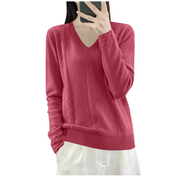 VSSSJ Womens V Neck Sweaters Loose Fit Soft Solid Color Long Sleeve Casual Warm Knit Fall Winter Base Layer Sweater Pullover Tops Hot Pink XXL