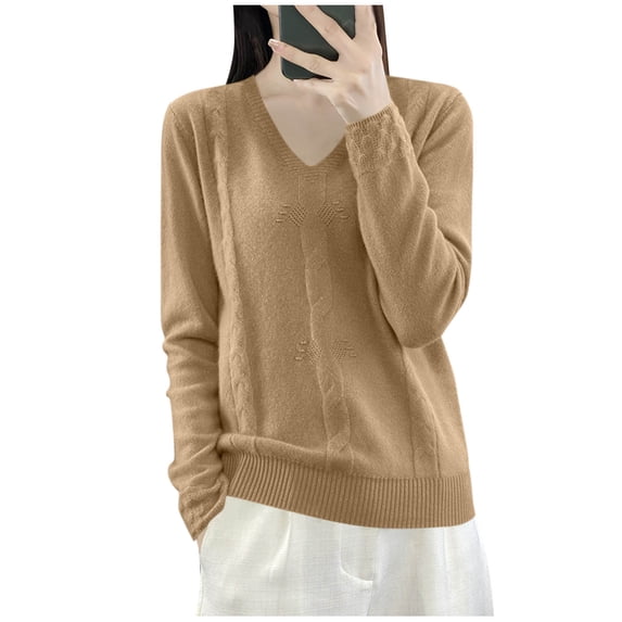 VSSSJ Womens V Neck Sweaters Loose Fit Soft Solid Color Long Sleeve Casual Warm Knit Fall Winter Base Layer Sweater Pullover Tops Khaki L