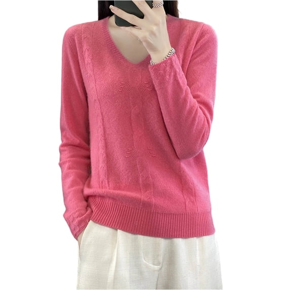 VSSSJ Womens V Neck Sweaters Loose Fit Soft Solid Color Long Sleeve Casual Warm Knit Fall Winter Base Layer Sweater Pullover Tops Pink S