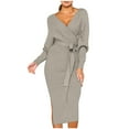 thumbnail image 1 of VSSSJ Womens V Neck Wrap Ribbed Knitted Dresses Fall Winter Solid Color Cutout Back Long Sleeve Tie Waist Split Midi Bodycon Dress Gray M, 1 of 9