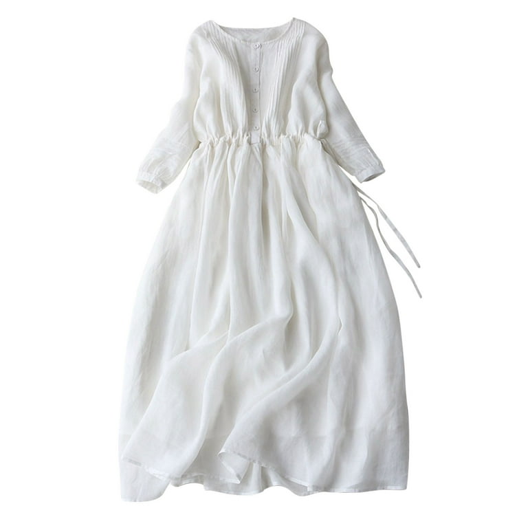 VSSSJ Womens Vintage Cotton Linen Long Dresses Crew Neck Button Front  Casual Lace-Up Dress Ruched 3/4 Sleeve Solid Color Long Midi Dress -  Walmart.com