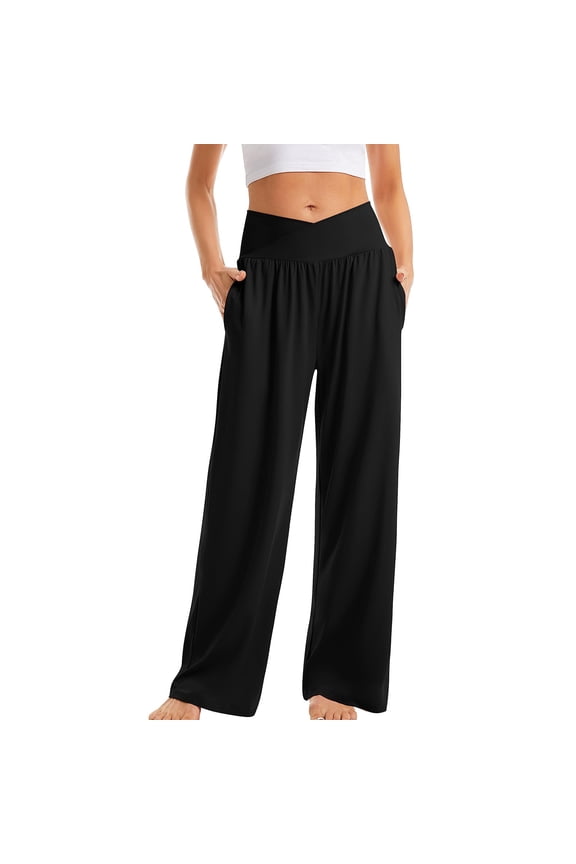 Womens Wide Leg Yoga Pants with Pockets Relaxed Fit Casual Comfy Lightweight Solid Color Crossover High Waisted Soft Flowy Swing Lounge Trousers Black XL