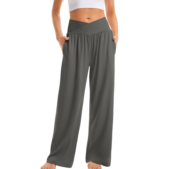 VSSSJ Womens Wide Leg Yoga Pants with Pockets Relaxed Fit Casual Comfy Lightweight Solid Color Crossover High Waisted Soft Flowy Swing Lounge Trousers Dark Gray XXXXL