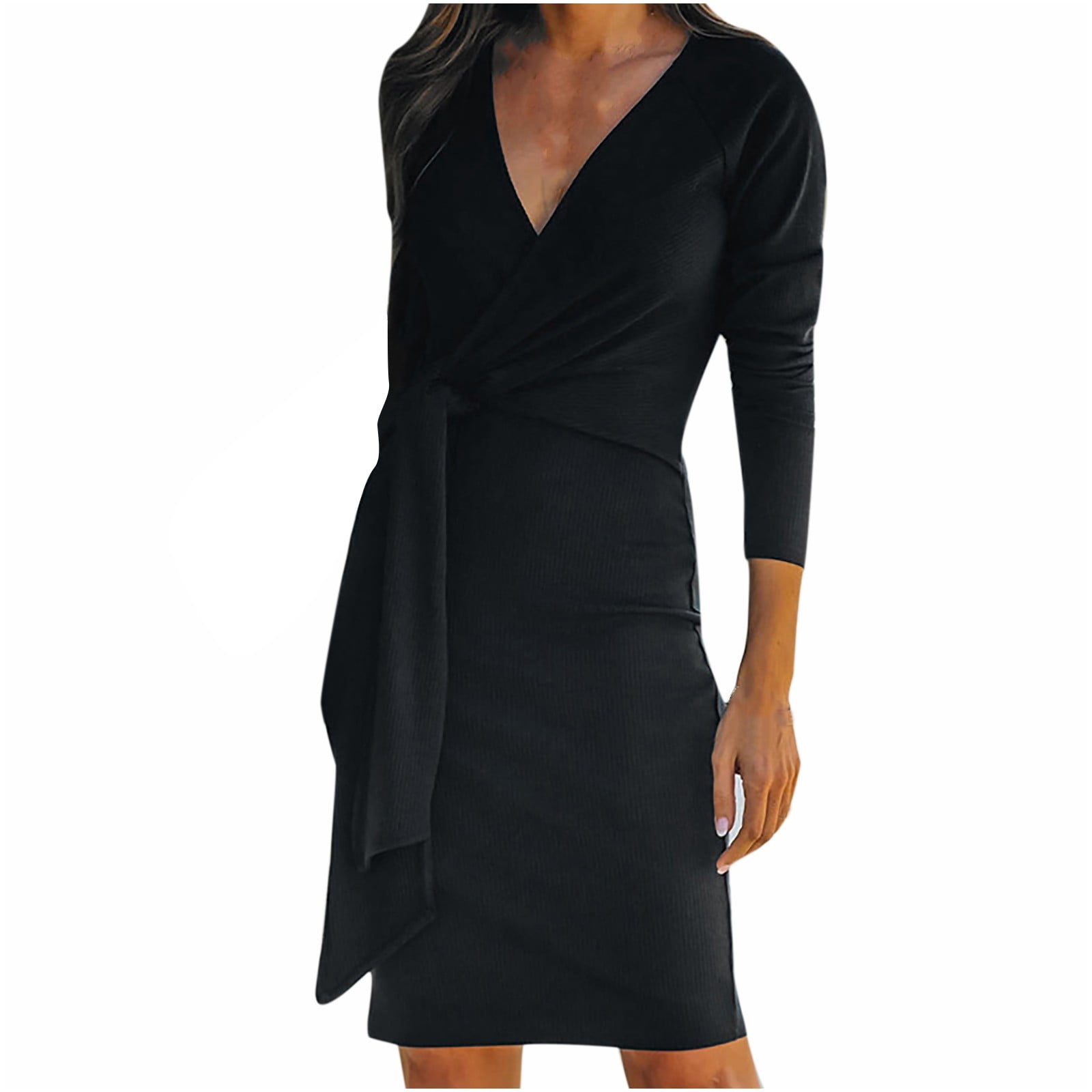 Vsssj Womens Wrap V Neck Slim Long Sleeve Ribbed Knitted Dresses Solid Color Tie Waist Knee-Length Casual Cocktail Bodycon Dress Black XL, Women's