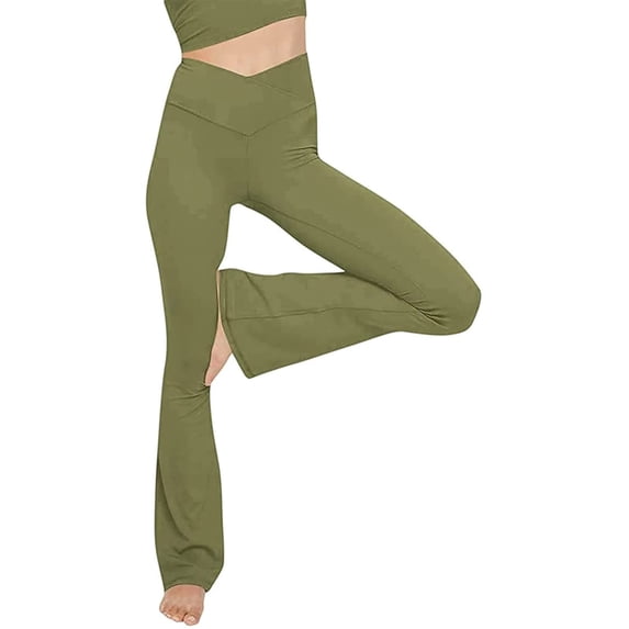 VSSSJ Womens Yoga Flared Pants Slim Fit V Elastic Waist Wide Leg Solid Color Leggings Trousers Casual Sport Gym Running Sweatpants Green XXL