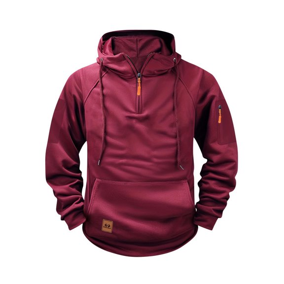 VSSSJ Zip Up Hoodies for Men Quarter Zip Long Sleeve Hooded Sweatshirt Loose Casual Drawstring Solid Raglan Pullover with Multi-Pockets Wine S