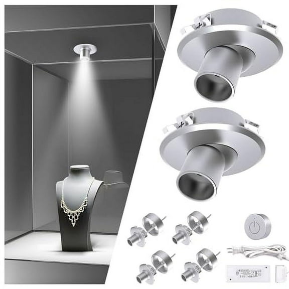 VST 12V Dimmable Mini Spotlight Plug in with Wireless Dimmer Switch Recessed or Surface Mount, 360Rotatable for Jewelry Showcase Display((Silver)