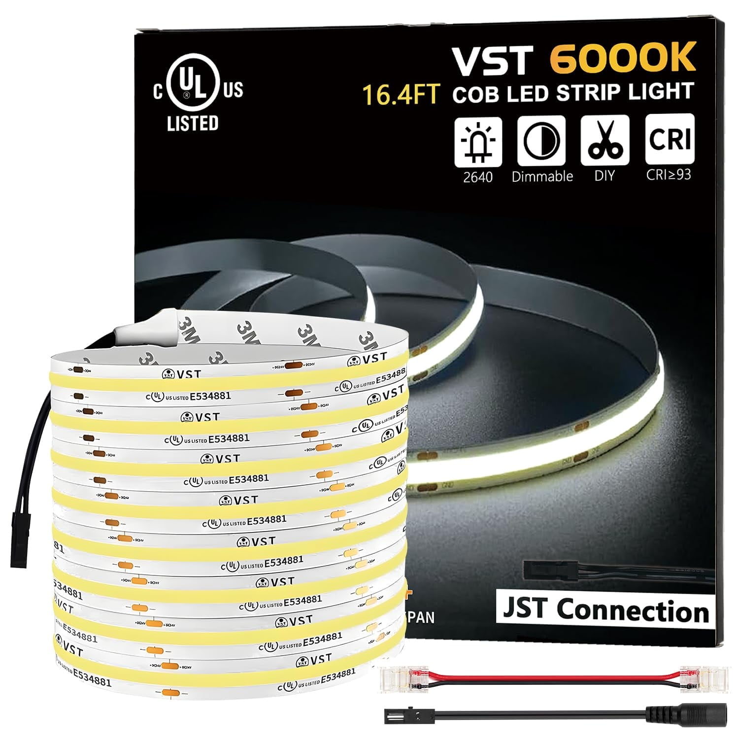 VST 16.4ft COB LED Strip Lights Cool White 6000K, 24V Dimmable LED Tape Light, 48w, 2640 LEDs, Ra 93+, IP30, Lighting for Kitchen, Cabinets, UL Listed (Power Source Not Included)