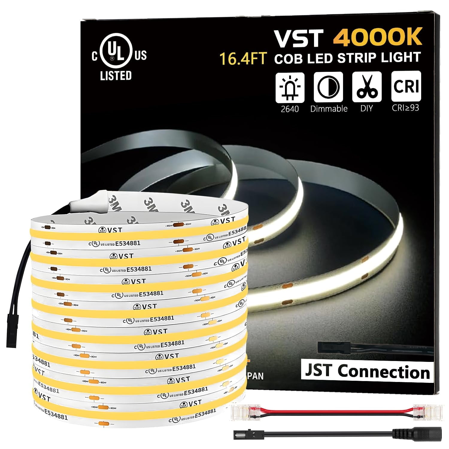 VST 16.4ft COB LED Strip Lights Natural White 4000K, 24V Dimmable LED Tape Light, 48w, 2640 LEDs, Ra 93+, IP30, Lighting for Kitchen, Cabinets, UL Listed (Power Source Not Included)