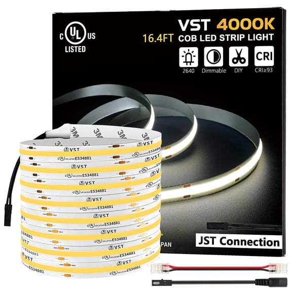 VST 16.4ft COB LED Strip Lights Natural White 4000K, 24V Dimmable LED Tape Light, 48w, 2640 LEDs, Ra 93+, IP30, Lighting for Kitchen, Cabinets, UL Listed (Power Source Not Included)