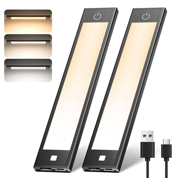 VST 72 LEDs Motion Sensor Lights Indoor 3 Color Temps, Dimmable Under Cabinet Lighting, 1800mAh Rechargeable Step Light, Magnetic Cordless Night Light for Stair, Wardrobe, Kitchen 2 Pack, Black