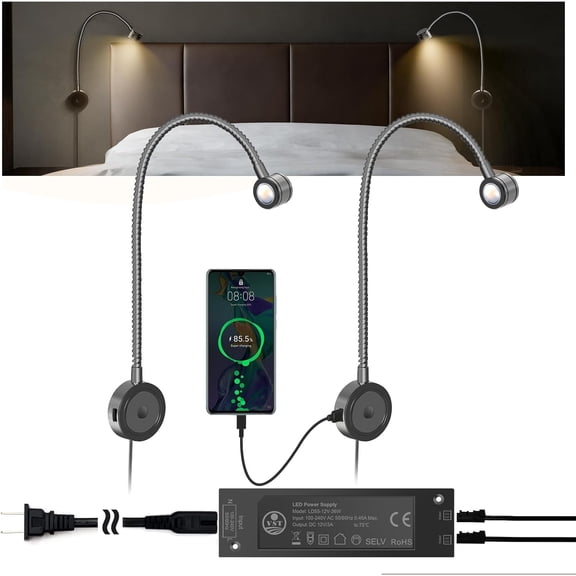 VST Bed Reading Lights for Headboard, Bedside Wall Mounted Reading Lamp, Reading Light Touch to Adjust Brightness with USB/Type-C Charging Ports, ETL-Listed