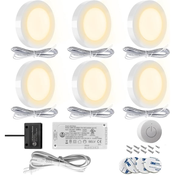 VST Under Cabinet Lighting Plug in with Wireless Touch Dimmer Switch, Recessed or Surface Mount Design, Warm White 3000K 12V 2W(12W Total, 60W Equivalent), 6 Pack Puck Lights Fixtures