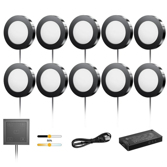 VST Under Cabinet Lights CCT 3000K-6000K, Puck Lights Color Temperature and Brightness Adjustable with Touch Switch and ETL Listed Led Driver for Drawer Wardrobe Kitchen, 10 Pack, Black