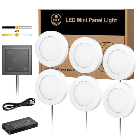VST Under Cabinet Lights CCT 3000K-6000K, Puck Lights Color Temperature and Brightness Adjustable with Touch Switch and ETL Listed Led Driver for Drawer Wardrobe Kitchen, 6 Pack, White
