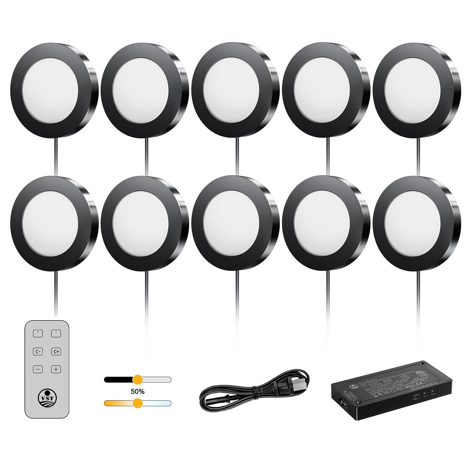 VST Under Cabinet Lights CCT 3000K-6500K, LED Puck Light Color Temperature and Brightness Adjustable with Touch Remote Dimmer and ETL-Listed Led Driver for Drawer Wardrobe Kitchen, 10 Pack，Black