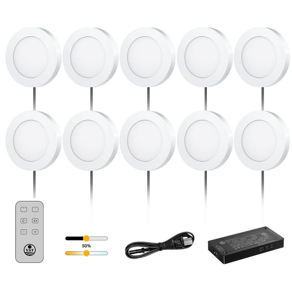 VST Under Cabinet Lights CCT 3000K-6500K, LED Puck Light Color Temperature and Brightness Adjustable with Touch Remote Dimmer and ETL-Listed Led Driver for Drawer Wardrobe Kitchen, 10 Pack,White