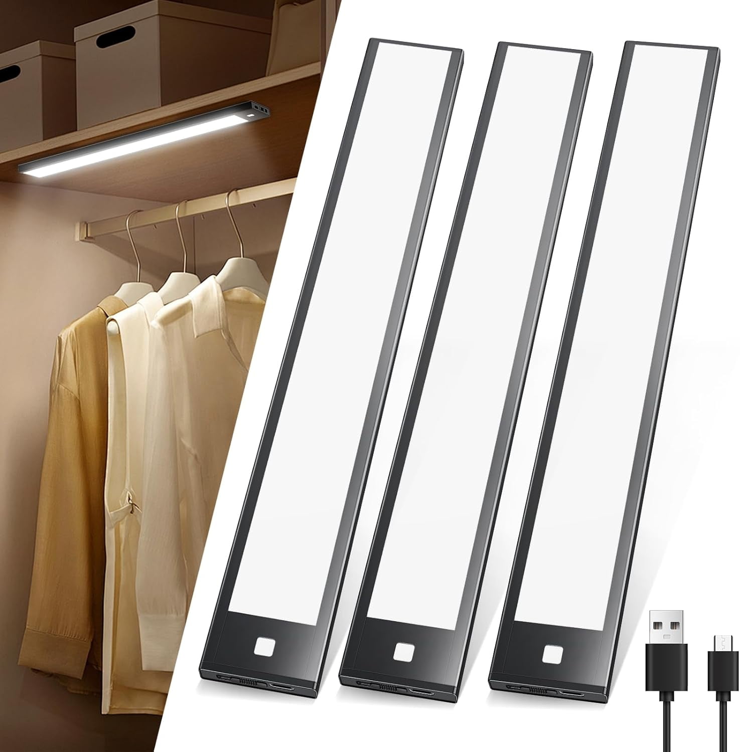 VST Under Cabinet Lights, Motion Sensor Light Indoor 2200mAh Rechargeable, Closet Lights with Magnetic Suck, Cordless Under Counter Lights for Stairs Kitchen (3 Pack, Nature Light - 4000K)