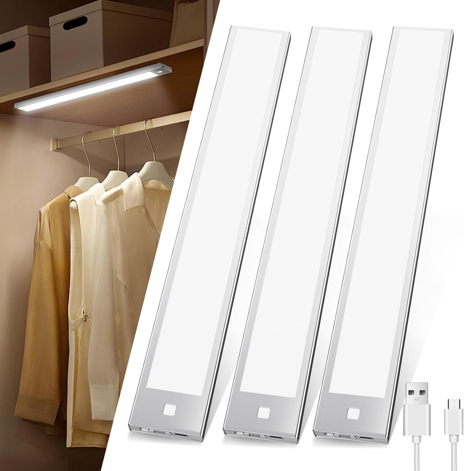 VST Under Cabinet Lights, Motion Sensor Light Indoor 2200mAh Rechargeable, Closet Lights with Magnetic Suck, Cordless Under Counter Lights for Stairs Kitchen (3 Pack, Nature Light - 4000K)