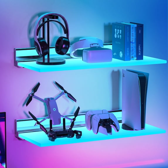VST Floating Shelf with RGB Light, Work with Alexa Google Assistant App Remote Control, Handwave ON/Off, Metal Wall Mounted Light Emitting Shelves for Living Room Bathroom Bedroom, 2set
