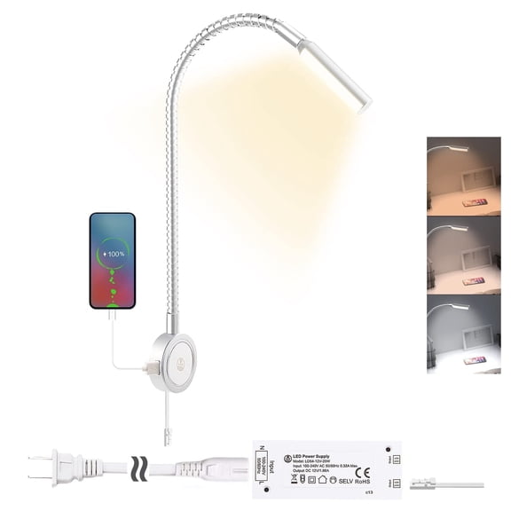 VST 1-Pack Silver Headboard Reading Light Wall Mounted, Bedside Book Lamp with USB & Type-C Charging Ports, 3 Color Touch Control Dimmable, 20W Power Adapter, ETL Listed