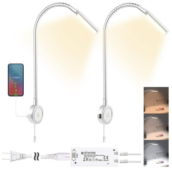 VST LED Bedside Wall Mounted Reading Light, Books Lights for Headboard with Touch Control,Dimmable 3 Colors & 5 Brightness Night Light, USB/Type-C Output, 360° Gooseneck,  ETL-Listed, Silver, 2 Pack