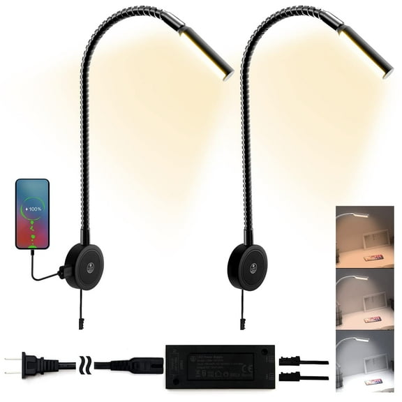 VST LED Bedside Wall Mounted Reading Light, Books Lights for Headboard with Touch Control,Dimmable 3 Colors & 5 Brightness Night Light, USB/Type-C Output, 360° Gooseneck, ETL-Listed, Black, 2 Pack