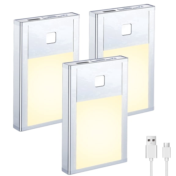 VST Motion Sensor Step Night Light, Rechargeable Battery Powered Stair Lights Indoor, Wireless Magnetic Suck Installation for Bedroom Hallway Stair Nursery Kids Room , 2.68 inch 3000K 3Pack Silver