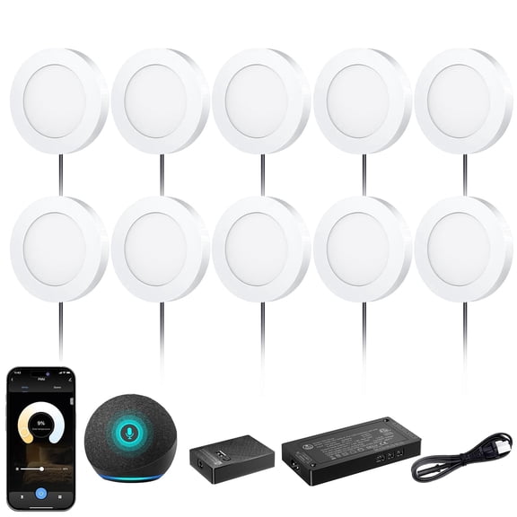 VST Smart Under Cabinet Lighting Work with Alexa Google Assistant App Remote Control, Recessed or Surface Mount 12V 2W/Pc Puck Light for Kitchen Under Counter, 10 Pack 3000K~6000K,White