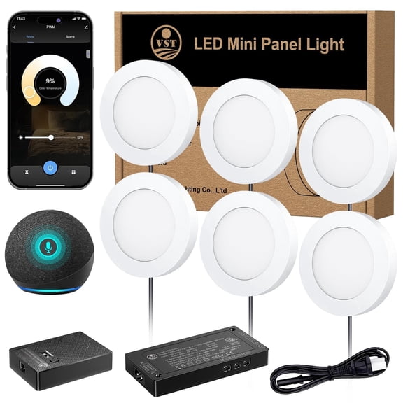 VST Smart Under Cabinet Lighting Work with Alexa Google Assistant App Remote Control, Recessed or Surface Mount 12V 2W/Pc Puck Light for Kitchen Under Counter, 6 Pack 3000K~6000K,White