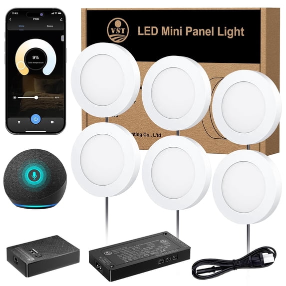 VST Smart Under Cabinet Lighting Work with Alexa Google Assistant App Remote Control, Recessed or Surface Mount 12V 2W/Pc Puck Light for Kitchen Under Counter, 6 Pack 3000K~6000K,White