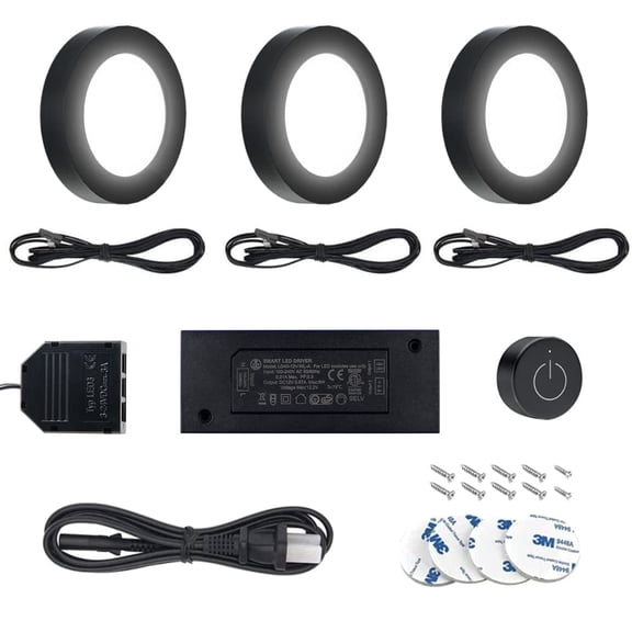 VST Under-Cabinet LED Lights, 12V 2W/Pc, Wireless Dimmer Switch, Recessed or Surface Mount Puck Light for Kitchen, 4000K, 3 pack,Black