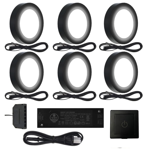 VST Under-Cabinet LED Lights, 2W (12W Total, 60W Equivalent), Wired Touch Dimmer, Recessed or Surface Mount, 3000K, 6 Pack，Black