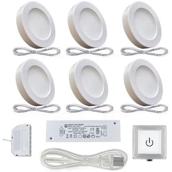 VST Under-Cabinet LED Lights, 2W (12W Total, 60W Equivalent), Wired Touch Dimmer, Recessed or Surface Mount, 3000K, 6 Pack