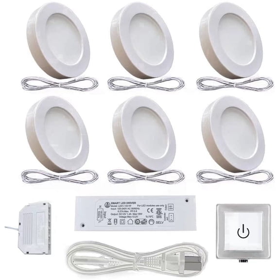 VST Under-Cabinet LED Lights, 2W (12W Total, 60W Equivalent), Wired Touch Dimmer, Recessed or Surface Mount, 3000K, 6 Pack