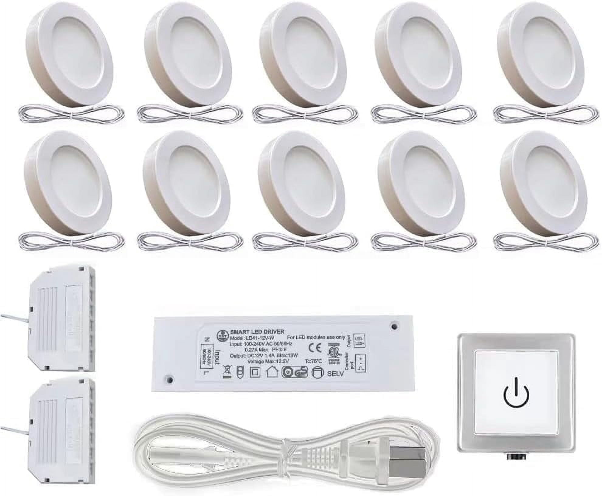 VST Under-Cabinet LED Lights, 2W (20W Total), Wired Touch Dimmer Puck Lights Fixtures, Recessed or Surface Mount, 3000K, 10 Pack, White