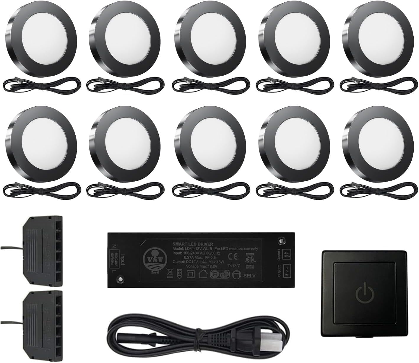 VST Under-Cabinet LED Lights, 2W (20W Total), Wired Touch Dimmer Puck Lights Fixtures, Recessed or Surface Mount, 4000K, 10 Pack，Black