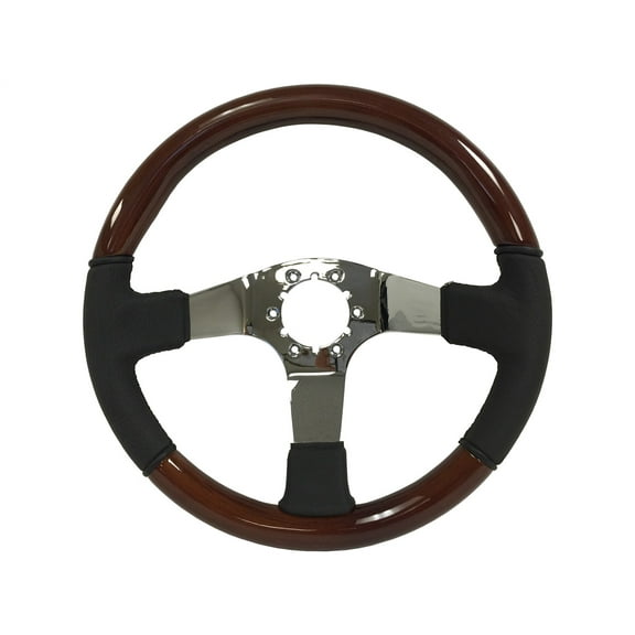 VSW 14 inch Black Ash Finished Wood-Leather Steering Wheel, 6-Bolt, Chrome Center Spoke, ST3019BK