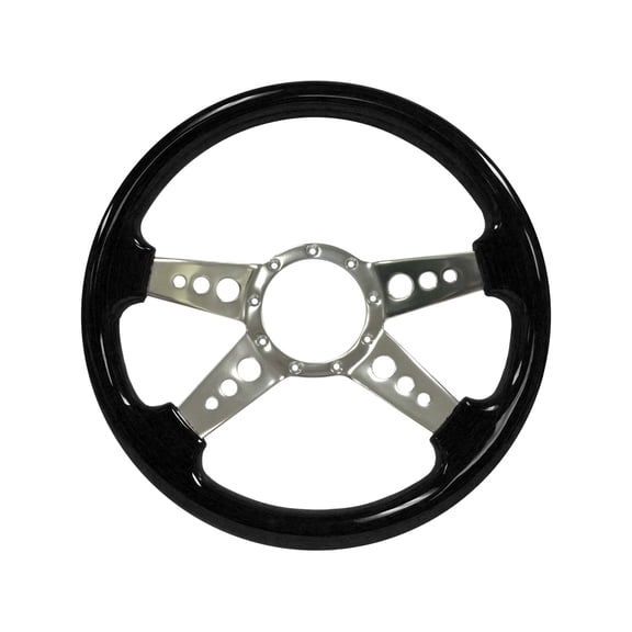 VSW 14 inch Black Ash Finished Wood Steering Wheel, 9-Bolt Billet Aluminum 4 Spoke with holes, 2 inch Dish, ST3081