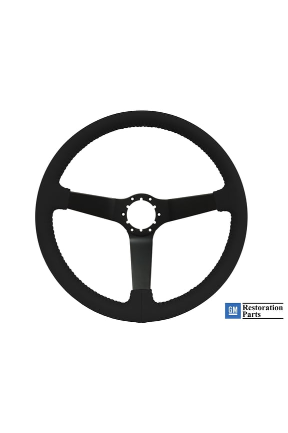 14 inch Black Leather Steering Wheel; 6 Bolt Black Powder Coated Spoke, 3 inch Dish, GM Licensed, ST3029BLK